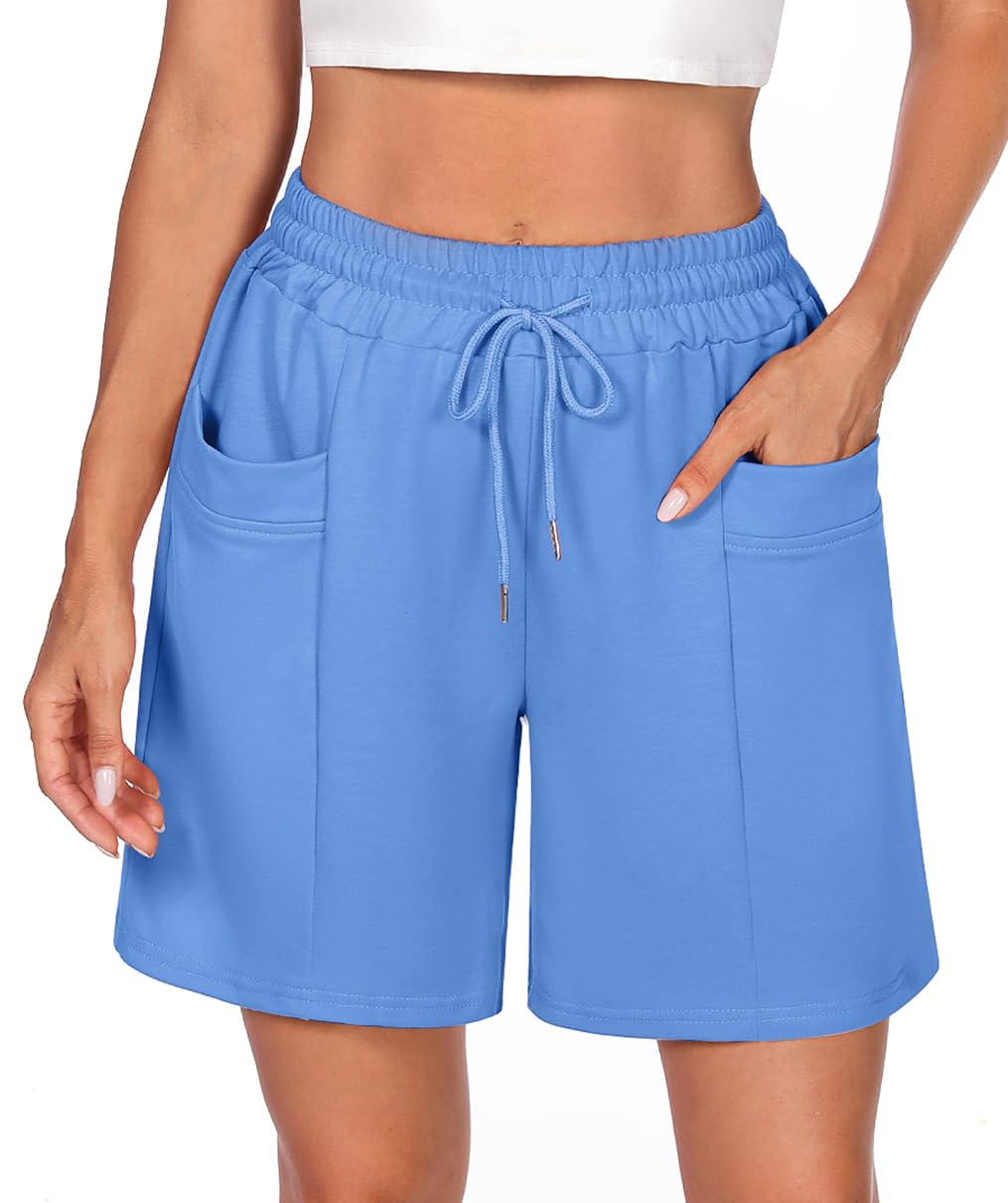 Demegimi Shorts Damen Bermuda Kurze Sporthose Knielang Sweatshorts Sommer Sport Shorts High Waist Lässig Kurz Hosen Baumwolle mit Taschen