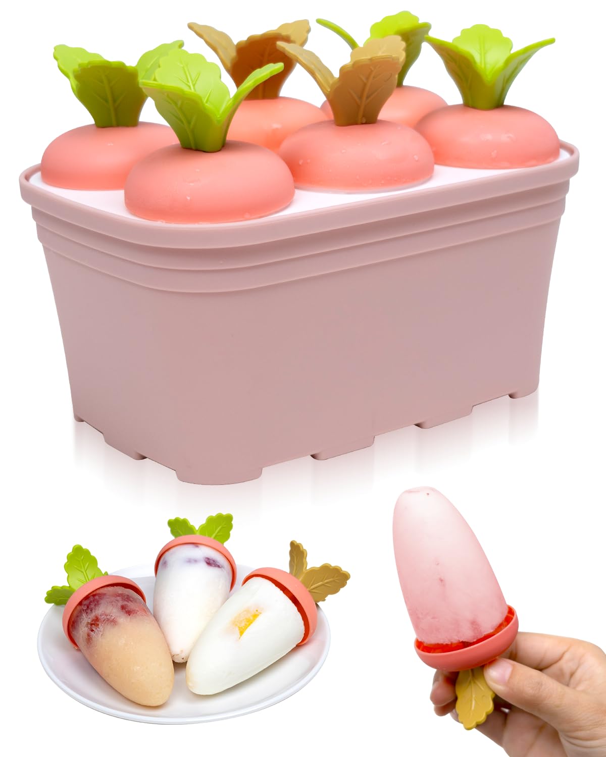 Popsicles Molds Set 6 Pieces - Carrot Shaped Sticks Popsicle Molds Ice Pop Mold, BPA Free, Easy Release Popsicle Mold Homemade Reusable Popsicle Maker, Pink