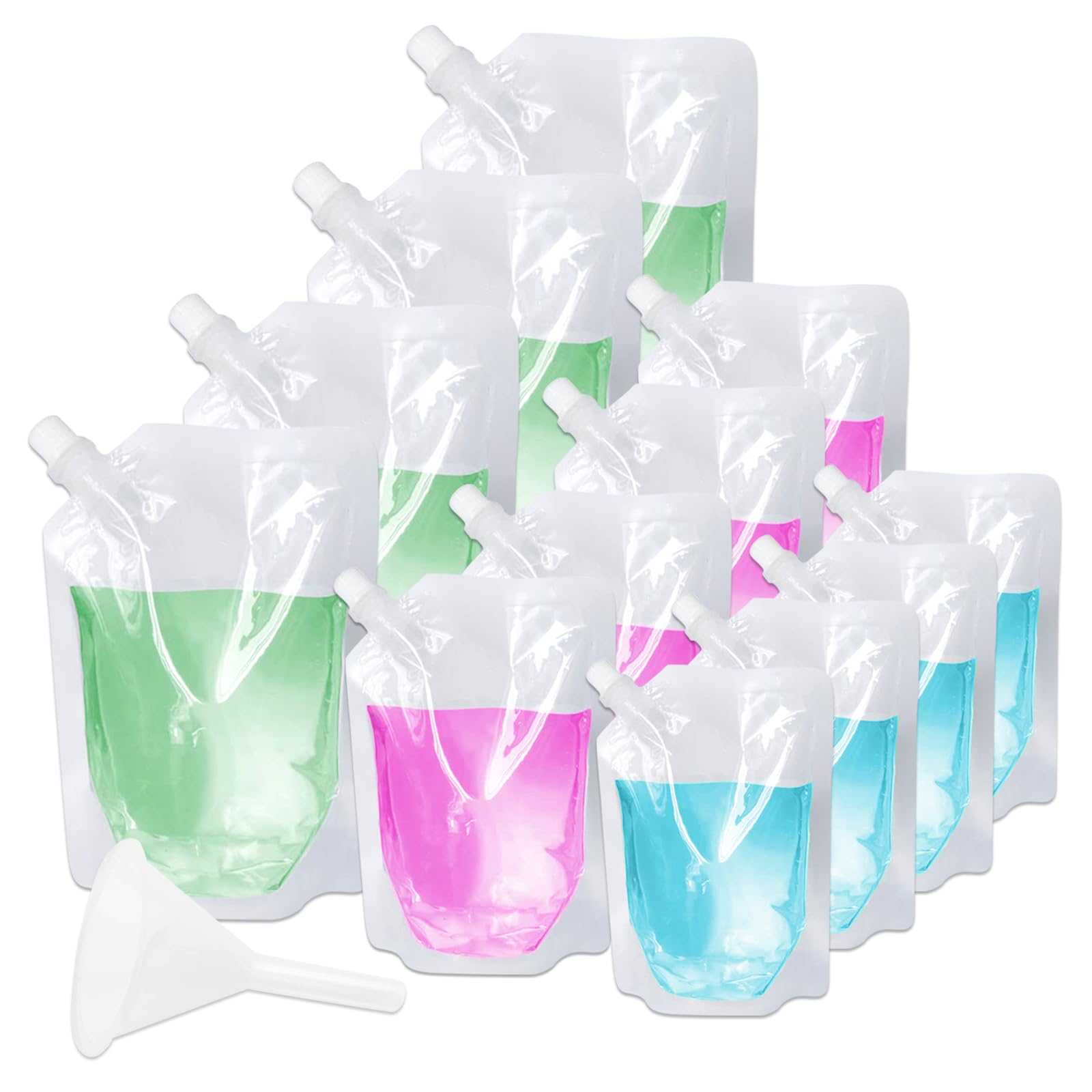 12Pcs Refillable Drink Pouches Clear Travel Plastic Drinks Flasks Cruise Kit Reusable Alcohol Liquor Juice Bags Drink Container with Spout and Funnel for Party Halloween Christmas Hot Cold Beverage