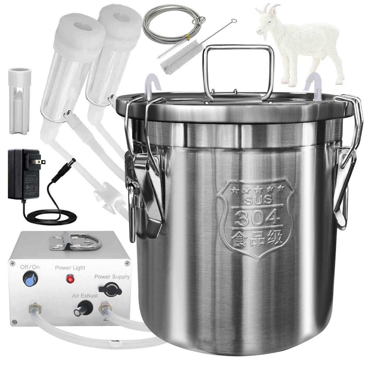 4 L Goat Milking Machine, Portable Plug-in Pulsating Vacuum Pump, Food Grade 304 Stainless Steel Milk Bucket with Auto Stop Check Valve and Teats Cups Cow Milker Machine (Classic Model)