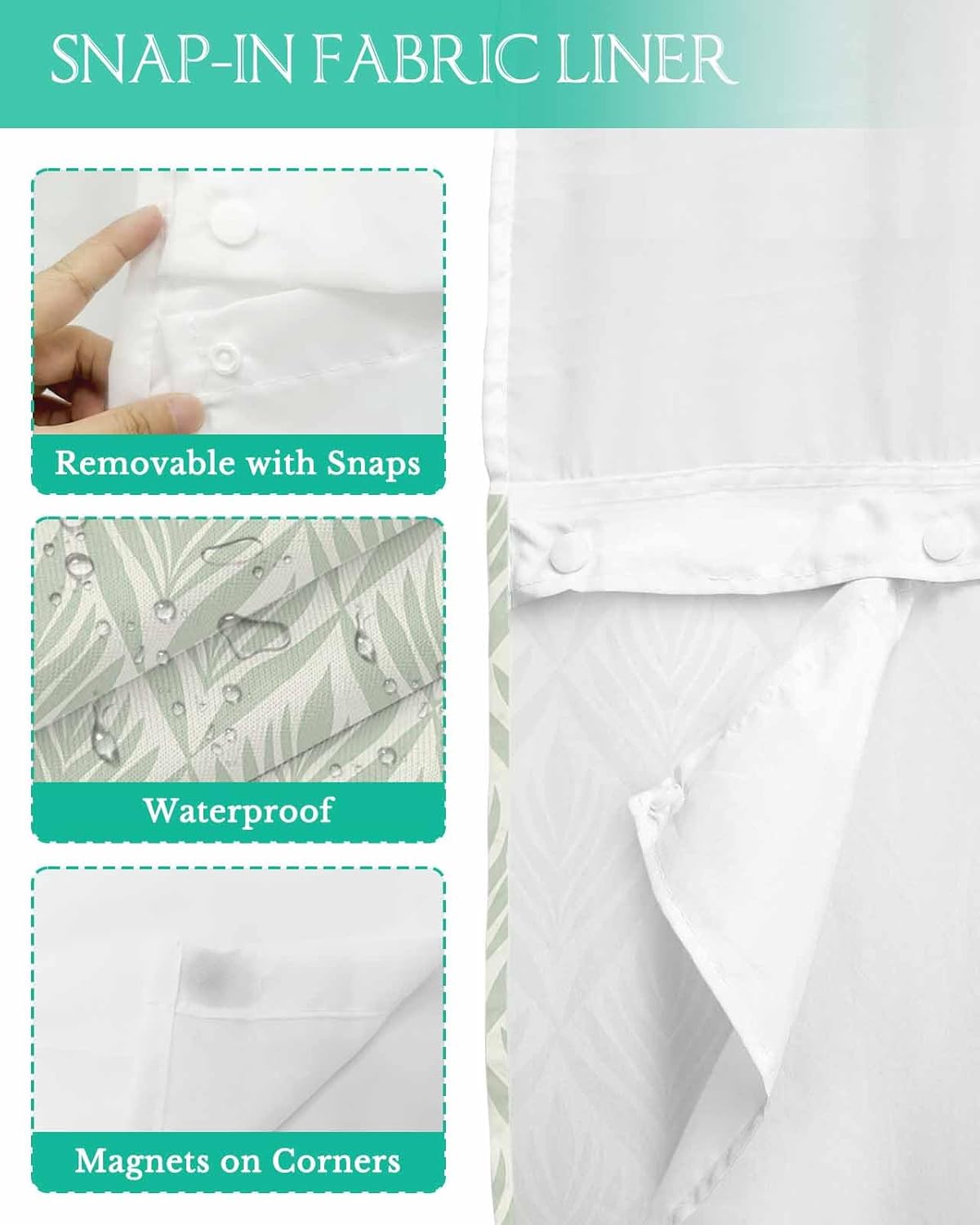 Sage Green Floral No Hook Shower Curtain with Snap in Liner Set,Abstract Minimalist Geometric Flower Waterproof Bath Curtain,See Through Mesh Top Window Bathtub Curtain for Bathroom Hotel 72"x72"