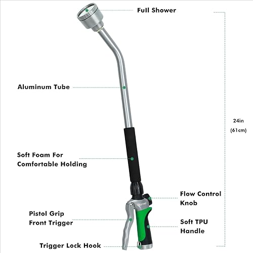 Miniatura 31 de RESTMO Varita de riego de metal, varita de manguera de jardín resistente con cabezal giratorio de 180°, boquilla de manguera de 16 pulgadas con 7