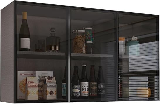 Wall Cabinet, Kitchen Wall Cabinet With Glass Door, Over The Toilet Storage, Living Room, Kitchen, Cupboard Black, 90 * 32 * 60CM