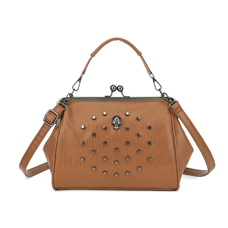 Image of Women Vintage Hollow Handbag Oil Leather Kiss Lock Rivet Skull Shoulder Crossbody Bag Evening Clutch Satchel Purse