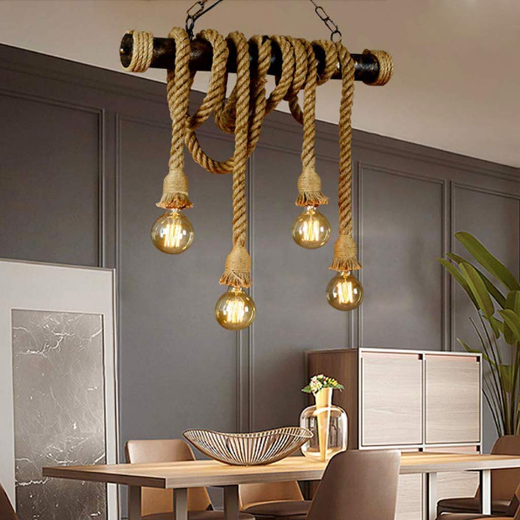 Lámparas De Araña Hierro Cuerda Cáñamo Industria Lámpara Colgante Retro E27*4 Araña De Luces Altura Ajustable Tejida A Mano Interior Living Iluminación Colgante Habitación Restaurante Bar
