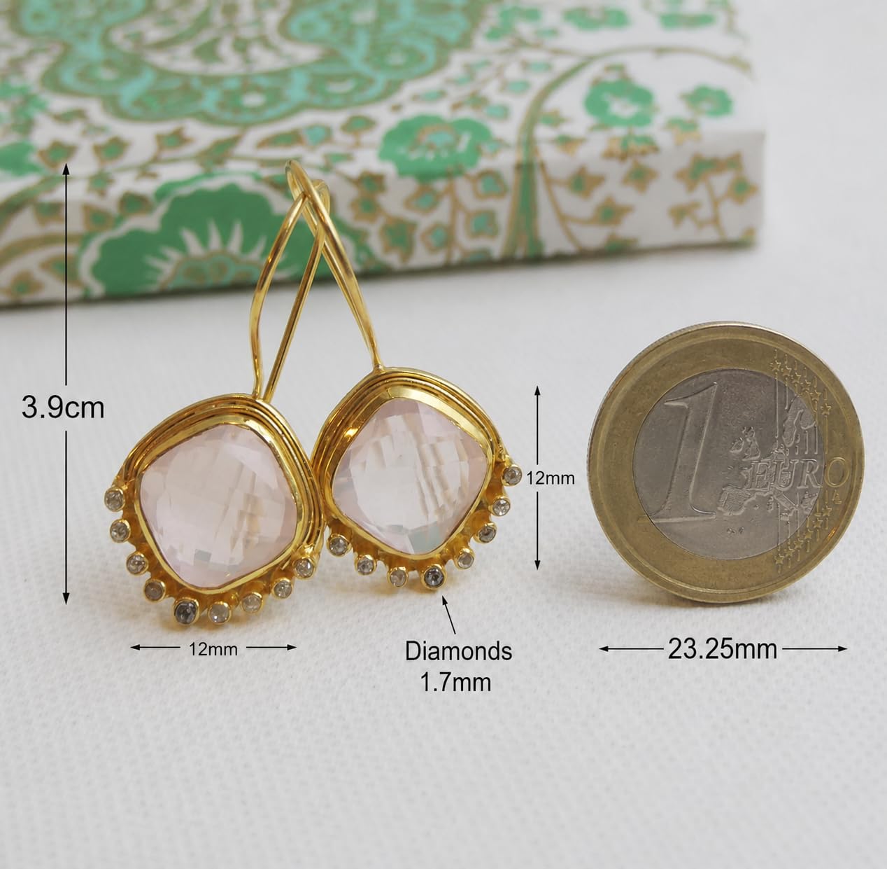 Orecchini in argento sterling placcato oro con diamanti e quarzo rosa- Gemma Naturale - Regalo di Compleanno - Regalo di Natale - Idee Regalo Fatto a Mano per le Donne
