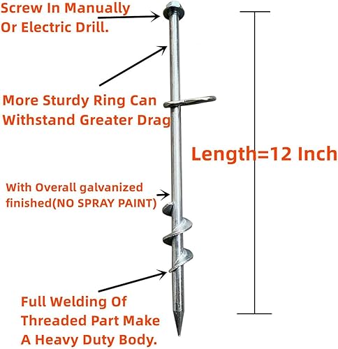 Miniatura 2 de Juego de 6 anclajes de tierra atornillados, 12 pulgadas, resistente galvanizado, cabeza hexagonal, juego de estacas para columpio y trampolín, juego