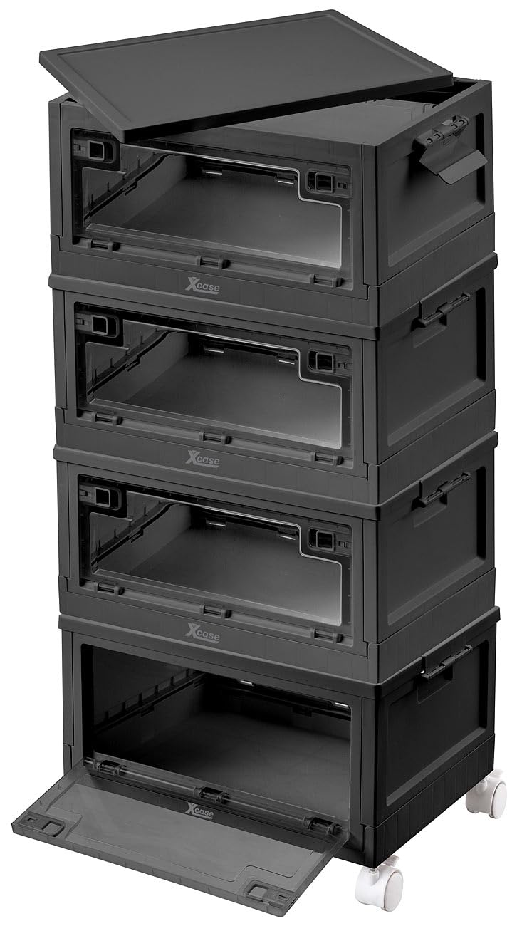 Xcase Stapelboxen mit Deckel: 4er-Set Faltbare Aufbewahrungsboxen mit Deckel, 4 Rollen, 45l, schwarz (Boxen mit Kunststoff, Kunststoffboxen mit)