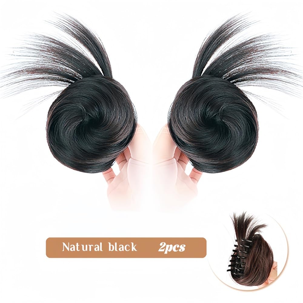 niechlujny kok włosów Syntetyczny prosty kok do włosów Updo Hairpiece Claw Clip w kucyku Przedłużanie włosów Prawdziwe bułeczki z ludzkich włosów(Natural Black)
