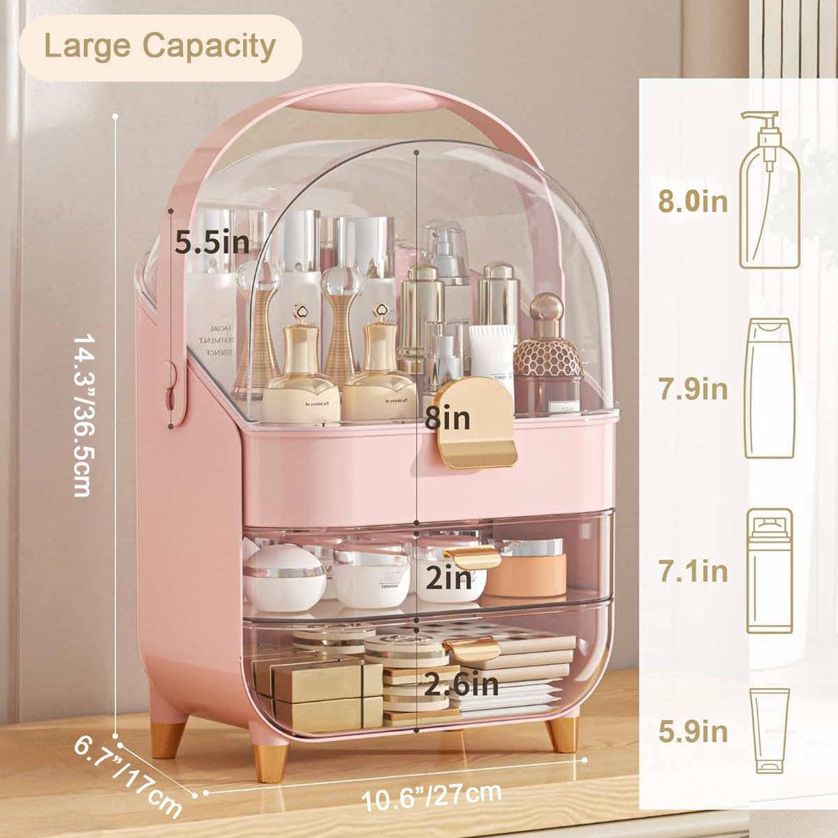Organizador de maquillaje, organizador para el cuidado de la piel con tapa y cajones, organizador de encimera de baño, almacenamiento de maquillaje, vitrina grande para tocador, encimera de
