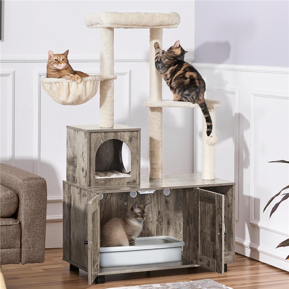 Yaheetech Katzenbaum mit Katzenklo Schrank, 134,5 cm hoch, All-in-One Kratzbaum mit Höhle Plattform Liegemulde, Katzenschrank für Katzentoilette, Greige-Beige
