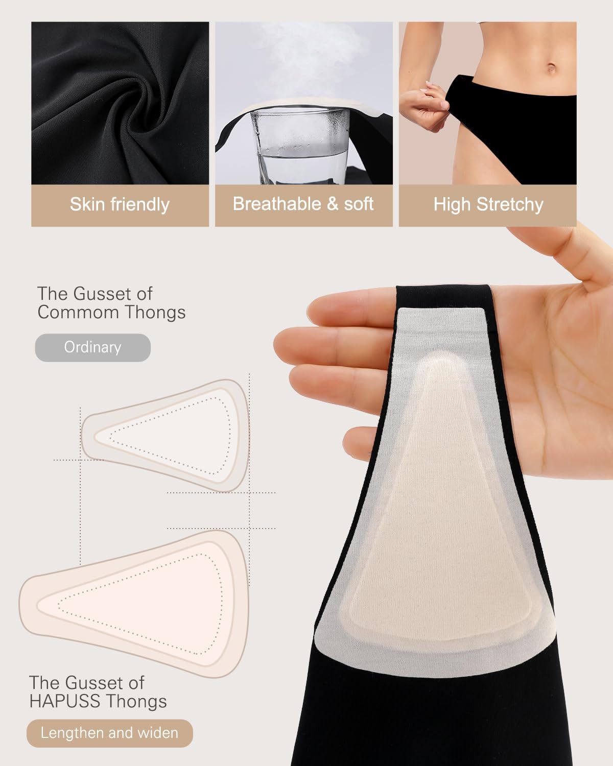 2-Pack Seamless Thongs for Women Cotton Underwear No Show Panty Liners Workout G-String Thongs Black XL - Image 2