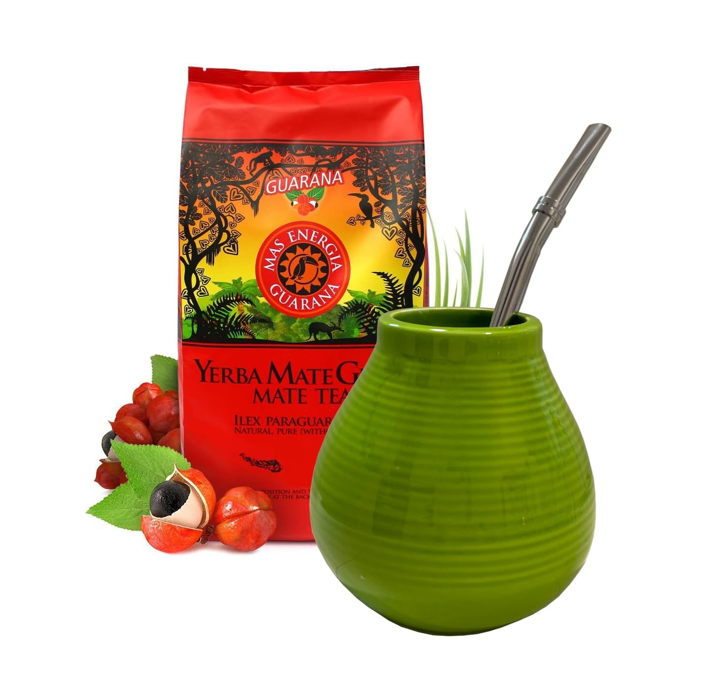 Yerba Mate Starter Set – Green Mas Guarana 200g, 300 ml Ceramic Cup & 16 cm Stainless Bombilla | Energy Tea Gift Kit