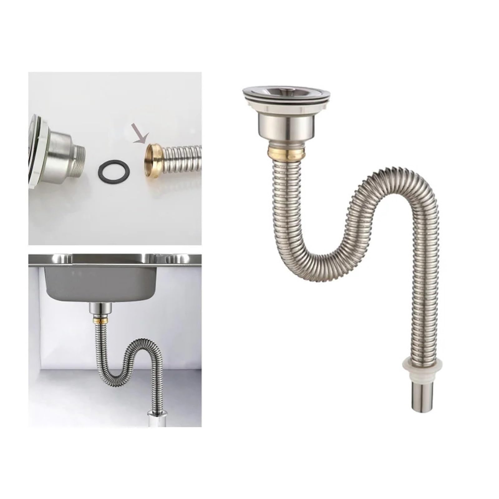 Siphon Waschbecken Küchenspüle-Abflussrohr, Edelstahl-Spülbeckensieb mit Spülbeckenstopfen/Dichtungsdeckel, Küchenspüle, Abwasserrohr, Abflussrohr(Type A)