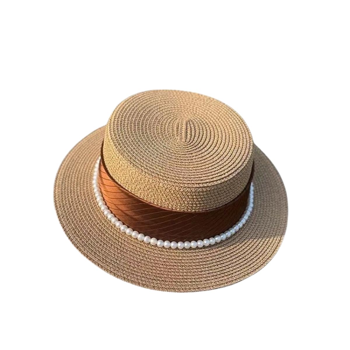 Stroh Sommerhut Damen mit Perlenverzierung - UV-Schutz Flat Top Strohhut Damen Strandhut Breiter Krempe Panamahut für Urlaub Strand und Reisen