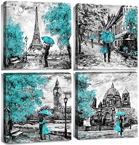Paris Decor for Bedroom Teal Eiffel Tower Wall Decor Abstract Couples with Umbrella Canvas Pictures Black and White Cityscape Painting Romantic Posters Living Room Bathroom Home Decoration 12x12" 4Pcs