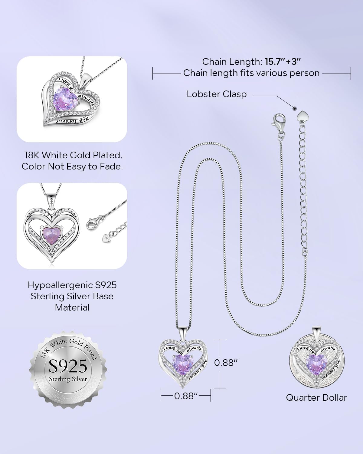 S925 Sterling Silver Necklace for Women, Wife Jewelry Rose Gold, Mom Birthday Valentines Mothers Day Gifts, Girlfriend Necklaces, Daughter Heart Jewel, Anniversary for Her