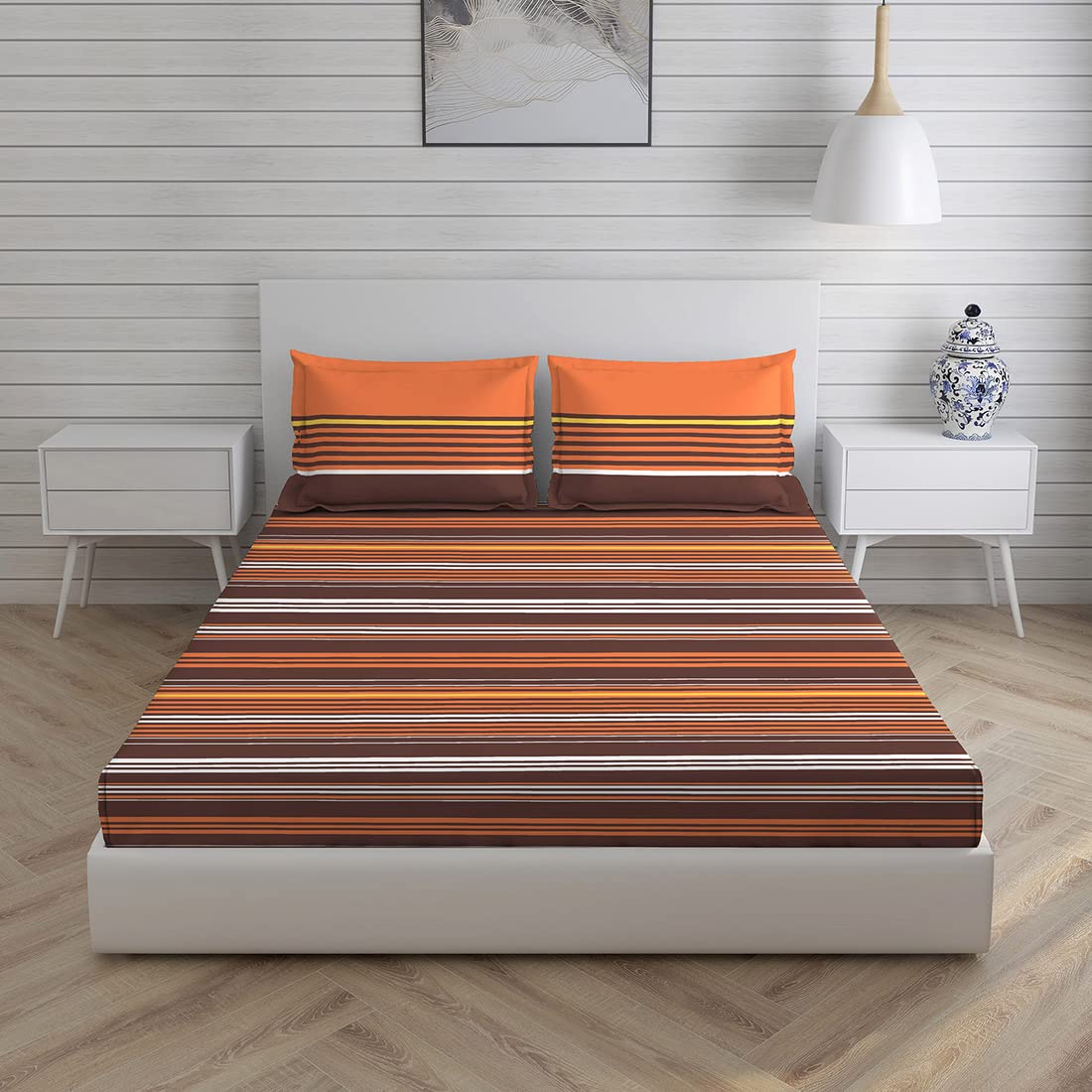 Layers Cotton Rich Bedsheet for Double Bed Queen Size with Pillow Cover Set, 225 TC (Orange Brown, Striped Pattern) Siena Collection, Light Weight, Moisture Absorbent, All Season Comfort