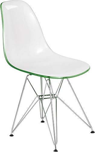 LeisureMod Silla de comedor de acrílico moldeado con base Eiffel cromada, silla auxiliar con borde blanco y verde con respaldo curvado para cocinas