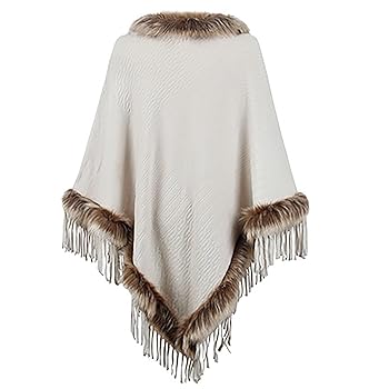 HGps8w Women's Elegant Faux Fur Poncho Cape with Fringed Hem