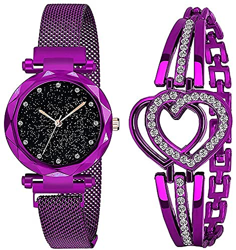 The Shopoholic Branded Analogue Diamond Black Dial Purple Magnet Watch with Gift Bracelet Combo for Women Or Girls and Watch for Girl or Women (Combo of 3) (B097Y38MP5) Amazon Price History, Amazon Price Tracker