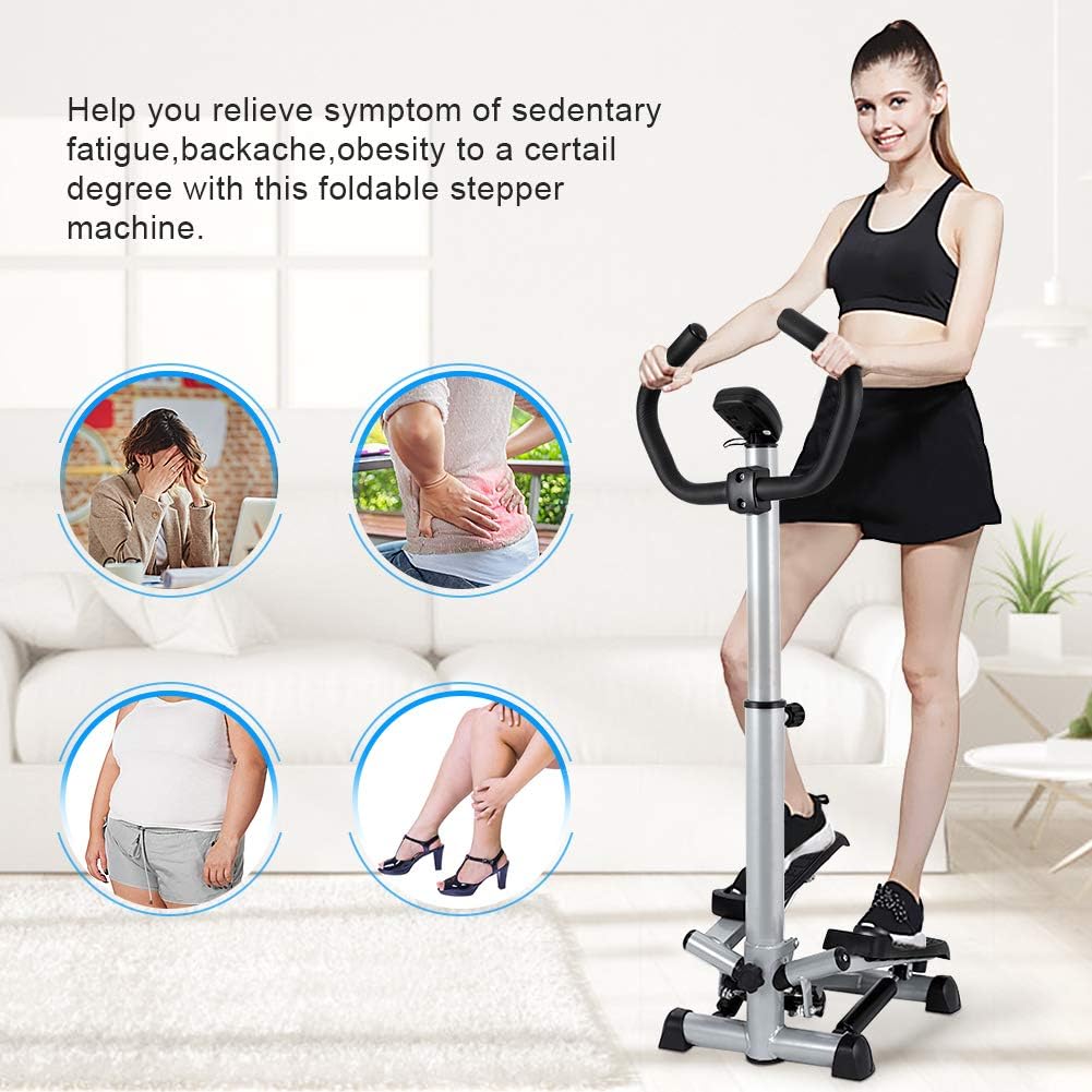 Stair Stepper, Portable Foldable Twist Step Machine Exercise Equipment Multi-Function Mute Armrest Fitness Stepper with Handle Bar and LCD Monitor for Home Gym Office Workout