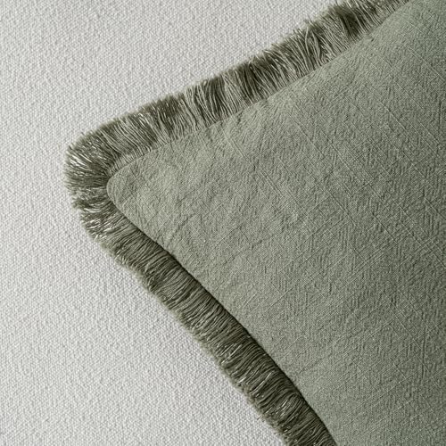 Image of MIULEE Decorative Throw Pillow Covers Neutral Linen Fringe Throw Pillows Euro Shams Set of 2 Light Olive Green Boho Farmhouse Cushions for Couch Sofa Bed Living Room Spring Home Decor 28x28 Inch