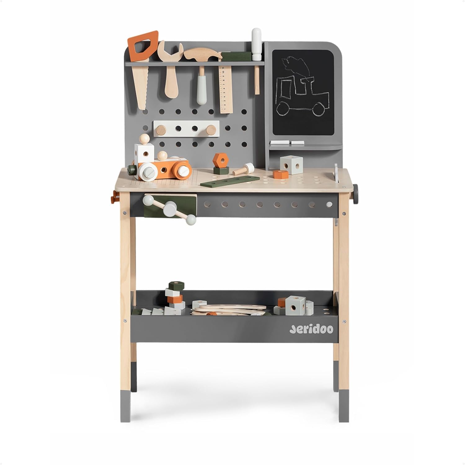 JERIDOO Kids Wooden Workbench, 61-Piece Tool Bench Set with Saw, Hammer, Spanner, Screwdriver, Nuts and Bolts, Chalkboard, Safety Goggles and Gloves, Construction Toy for Boys and Girls Age 3+