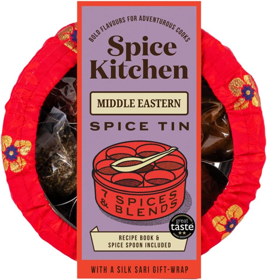 Spice Kitchen Middle Eastern Spice Collection with 7 Cooking Spices, stainless steel Spice Storage Tin, Recipe Booklet and Silk Sari Wrap gift cover