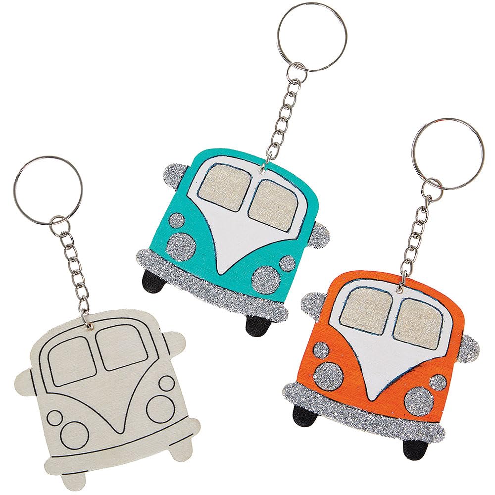Baker Ross VC155 Camper Van Wooden Keyrings - Pack of 6, Decorate-Your-Own Camper Van Keyrings