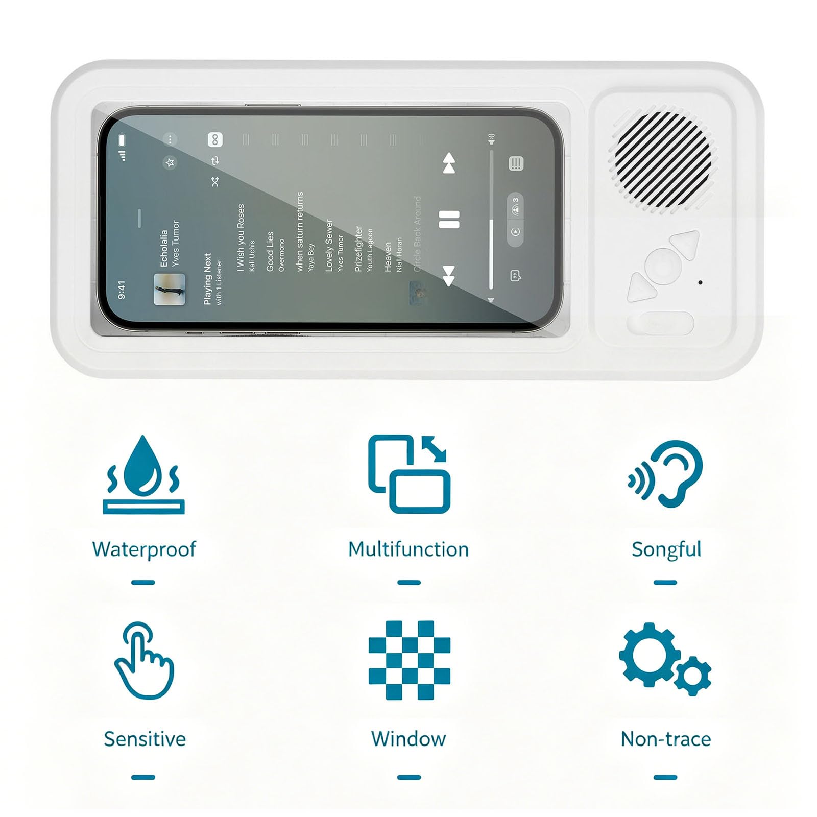 Soporte de ducha recargable para teléfono con altavoz Bluetooth inalámbrico, soporte de pared impermeable para espejos de baño de hasta 7 pulgadas