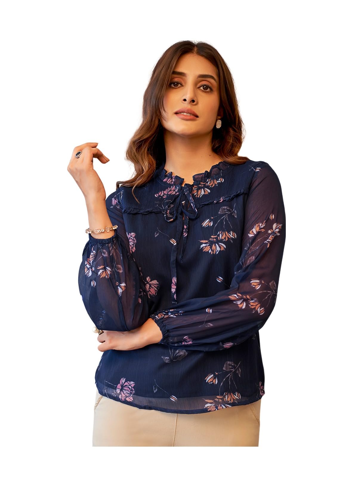 Selvia Women's Chiffon Printed Long Sleeve Regular Fit Top (613Tk7693N-Xs_Navy Blue & Multi)