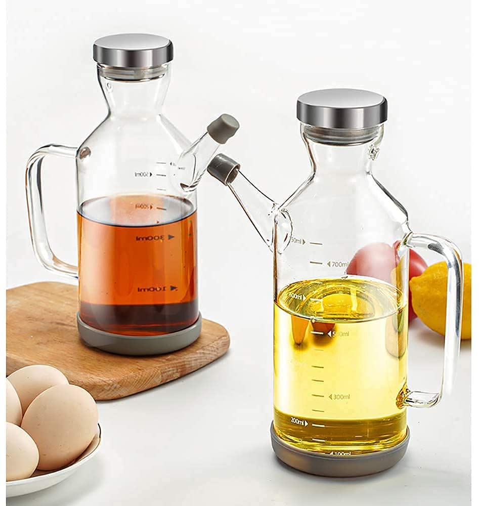 Dispenser per Olio e aceto in Vetro di qualità Superiore, Moderno Dispenser per Olio d'oliva con Coperchio Antipolvere e Contenitore per Salsa di soia a Prova di perdite (750 ml)