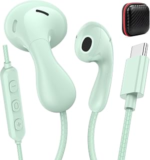 USB C Headphones Wired Earbuds for Apple/Android with Carry Case, Mint