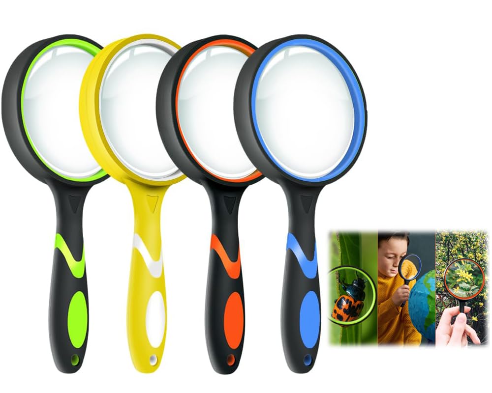 ELECDON 4 Pack Handheld Magnifying Glass, 10X Non-Slip Rubber Handle Shatterproof Reading Magnifier for Kids and Seniors, 75mm Magnifying Glass Lens for Classroom Science and Nature Exploration