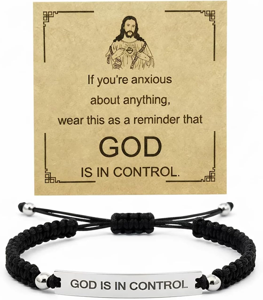 God Is In Control Beaded Bracelet For Women, Inspirational Christian Faith Adjustable Handmade Braided Wrap Stainless Steel Engraved Words Motivational Friendship Gifts Jewelry