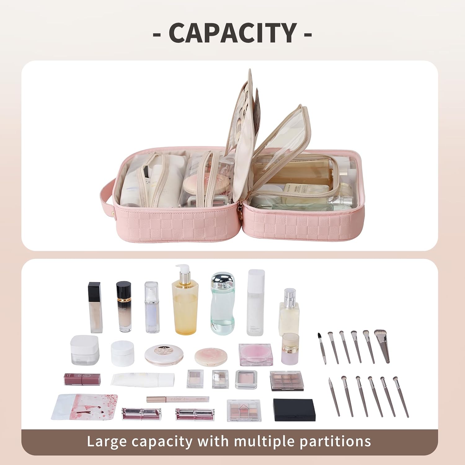 Condition photo showing New/Like New for right away travel toiletry bag for women, waterproof makeup bag&case, portable cosmetic organizer checkered make up bag for full sized toiletries,cosmetics and travel-size accessories,pink checkered ab-pink checkered