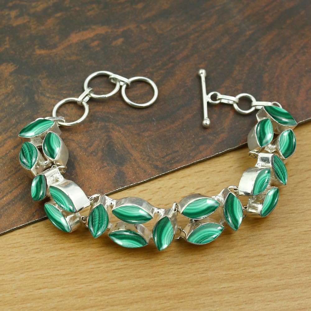 Natural Malachite 925 Silver Overlay Handmade Bracelet for Women - Green Stone April Birthstone Statement Adjustable Link Bracelet Jewelry Gifts for Mom Wife Sister Love - Image 5