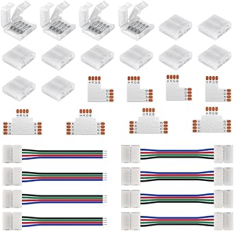 BTF-LIGHTING 4Pin 10mm SMD LED Connector Kit 4 Pin L Splitter Right Angle Corner,T Shape Connector,Solderless Gapless Connector, Strip to Strip Jumper Wires for WS2815 WS2805 SMD Lights