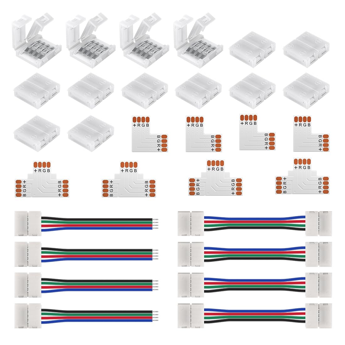 BTF-LIGHTING SMD 3-polige connectoren, 10 mm, 12 stuks, transparant, 4 stuks, 15 cm lang, 22 AWG, verlengkabel, plaat naar kabel, soldeerplaat zonder sleuf en 3-polige led-hoekverbinding