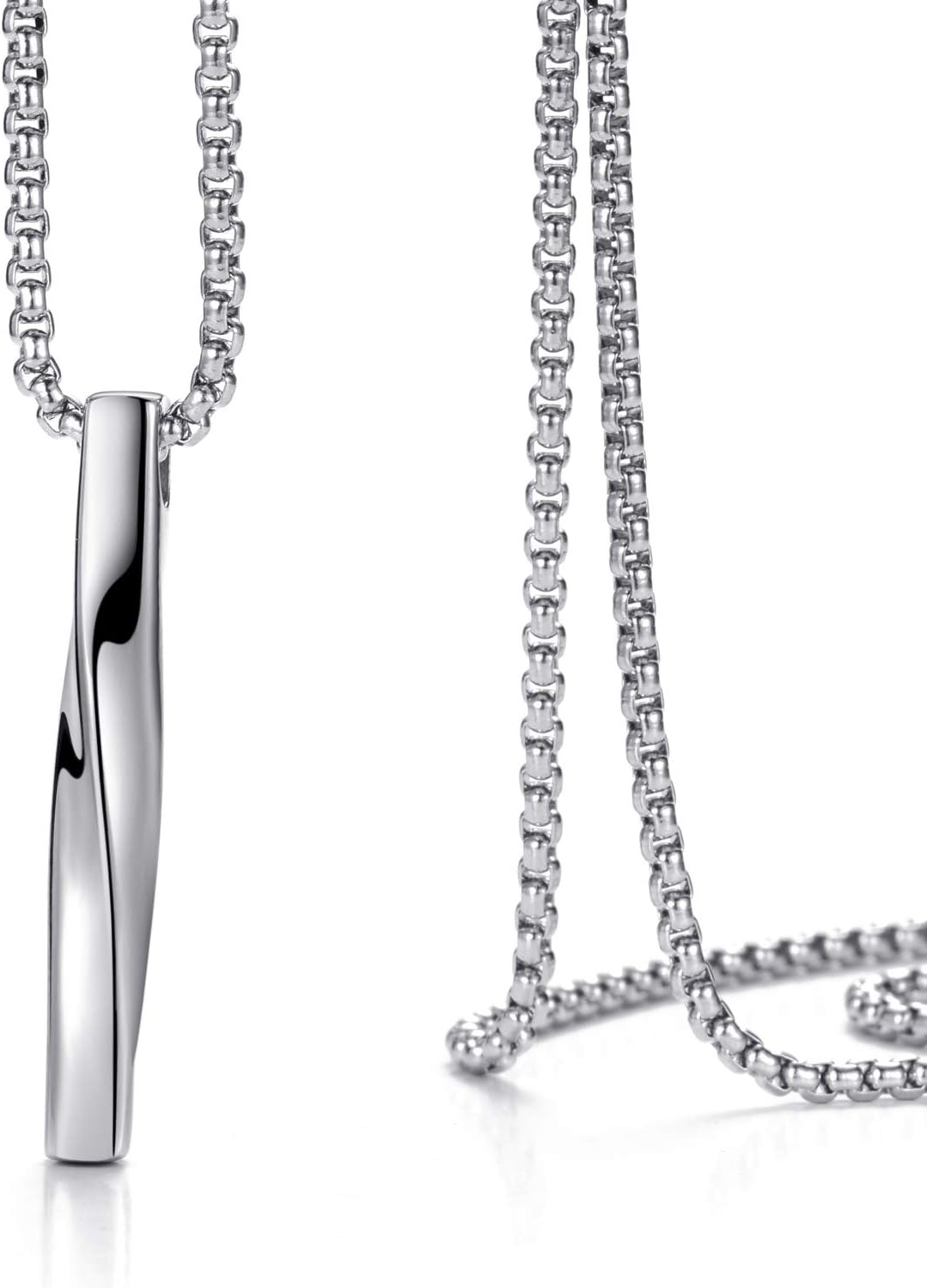 Stainless Steel Pendant Necklace for Men and Women, Unisex Twisted Cube Bar Pendant with Link Chain (Couple Set-24" Chain) - Image 3