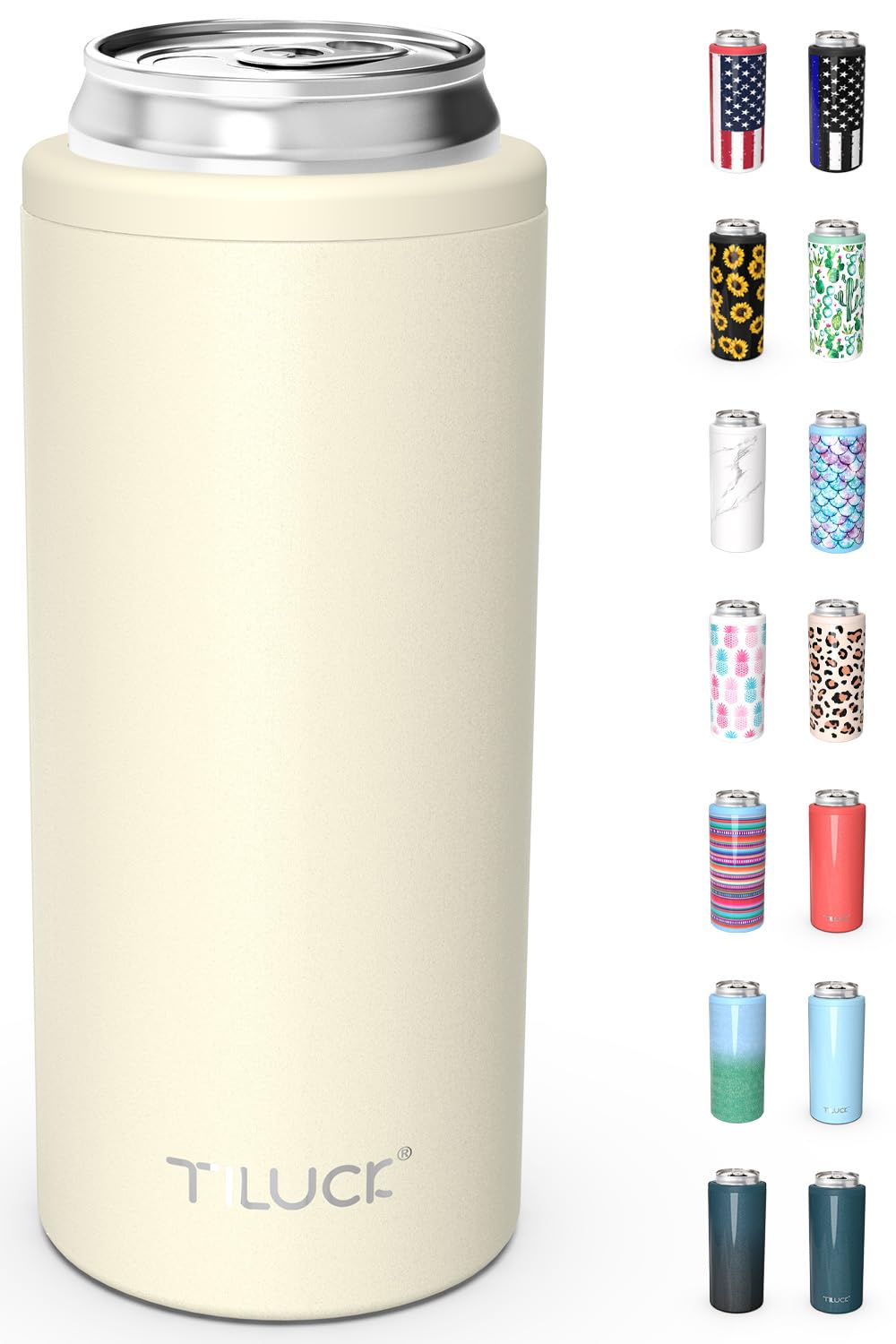 TILUCK Skinny Can Cooler for Slim Beer & Hard Seltzer, Stainless Steel, Doucle-Walled Stainless Steel Insulated Slim Cans, Standard 12 oz (Frosted Beige)