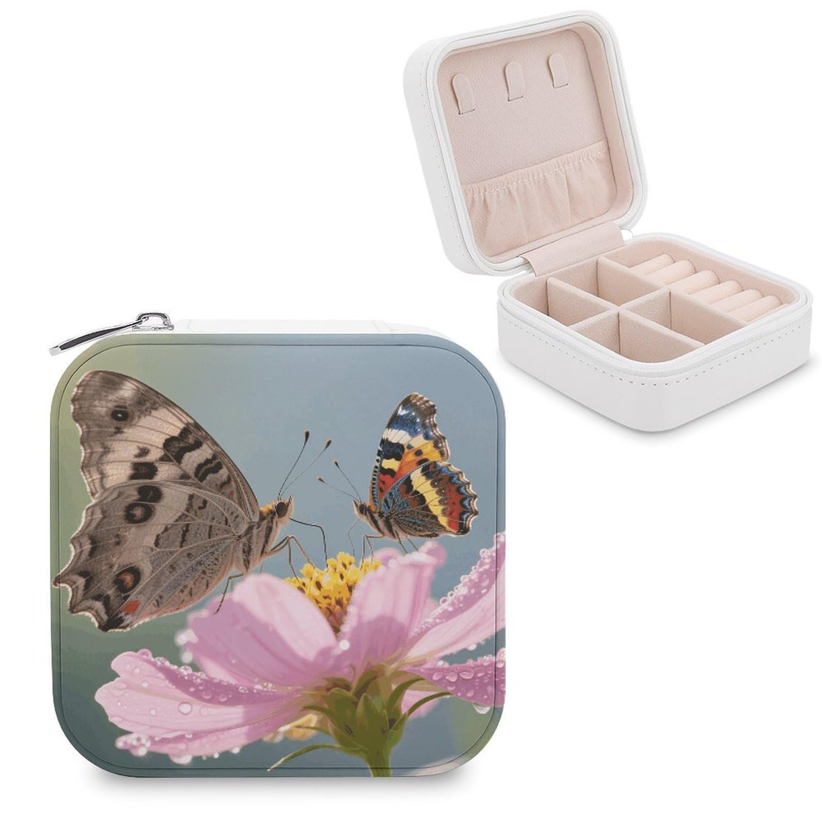 VstaDank Moth Butterfly Jewelry Organizer Travel Case for Women With Zipper Mini Jewelry Case PU Leather Jewelrys Box for Rings Necklaces Bracelets Earring Holder Organizer Storage