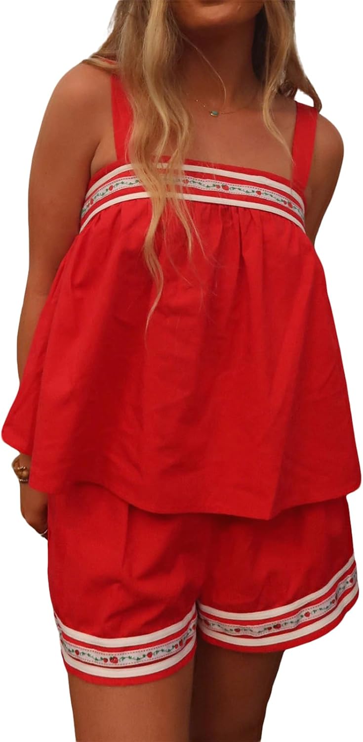 Women 2pcs Shorts Outfit Sleeveless Embroidery Ruffle Hem Backless Crop Top Elastic Waist Shorts Set with Pocket - Image 2