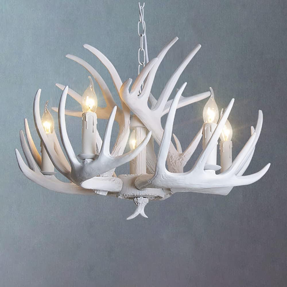 Resin Antler Chandelier Two Tier Rustic Antler Fixture, 5 Lights Farmhouse Hanging Light, 27.5" Candle Pendant Light in White