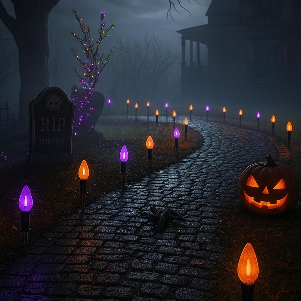 10 Pack Halloween Stake Lights Outdoor,19.5ft Orange and Purple Halloween Walkway Lights with 11PCS C9 LED Bulbs,Pathway Light for Outside Decor Lawn Patio Yard Walkway