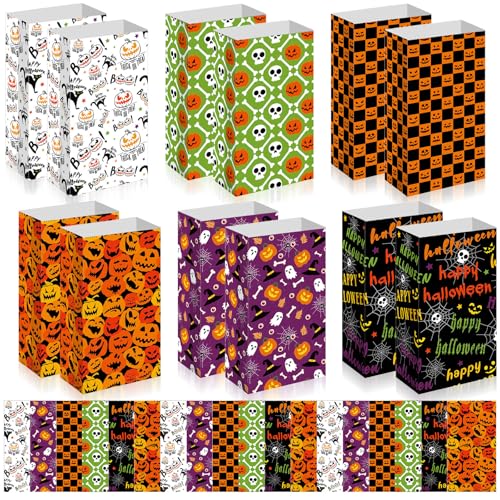 Kolldenn 30 Pcs Bags Bulk 6 Styles Halloween Treat Bags 9.5 x 5.1 x 3.15 Inch Paper Goodie Pouches For Gifts Candy Snacks Lunch Holiday Party Supplies