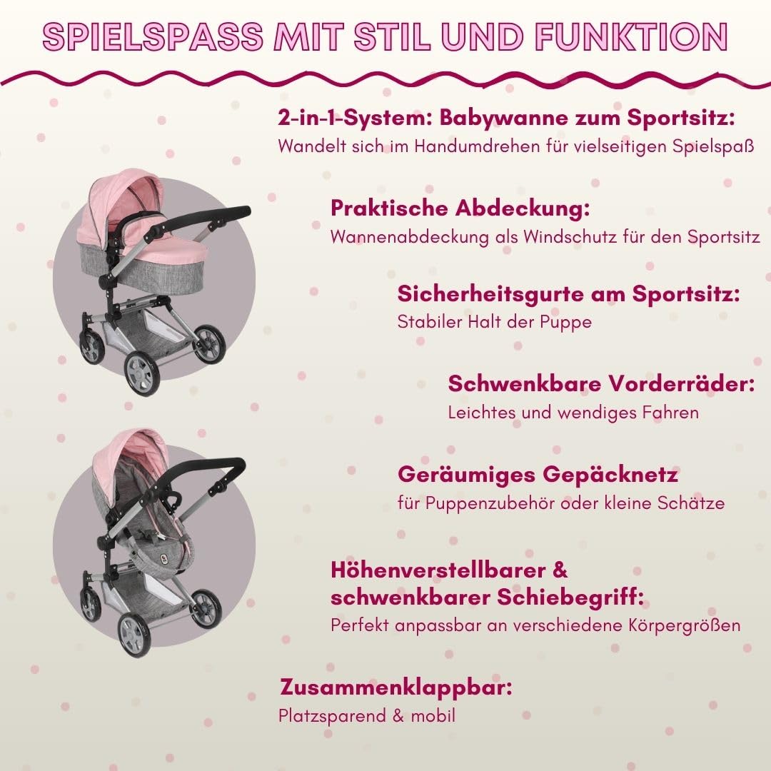 Bayer Chic 2000 Puppenwagen Linus | 2in1 Kombi-Buggy Melange Grau-Rosa | Großer 2in1 Kombi-Puppenwagen mit umwandelbarer Wanne für Puppen bis 52 cm. Melange Grau-Rosa, hoher Griff 47-78 cm.