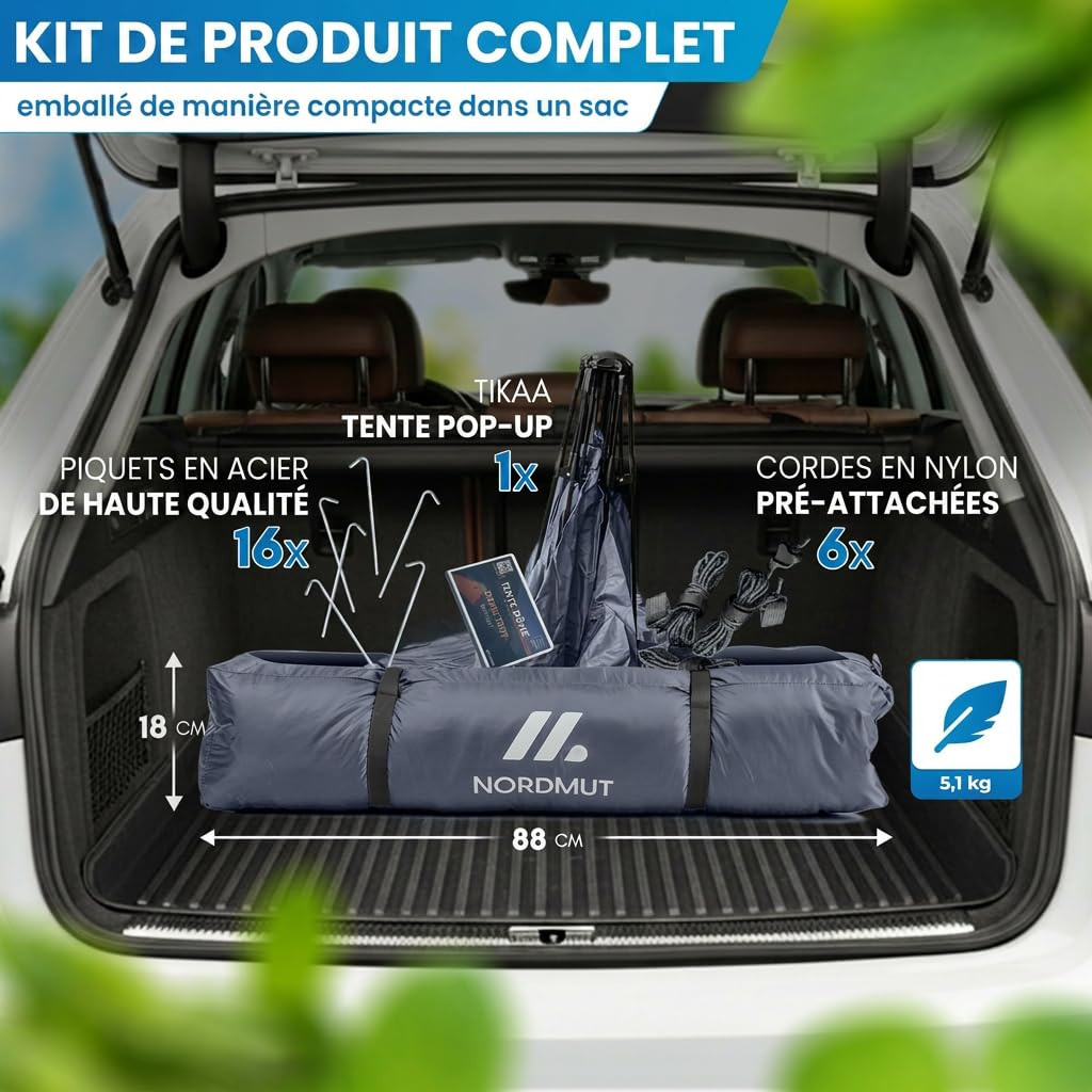 NORDMUT® Tente Pop-Up 2-4 Personnes – Montage Instantané, Étanche & Protection UV – Tente de Camping avec Excellente Circulation de l’Air