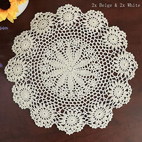 Hetao 13.7 Inch 100% Cotton Handmade Lace Crochet Round Placemats Doily Doilies,2PC Beige and 2PC White